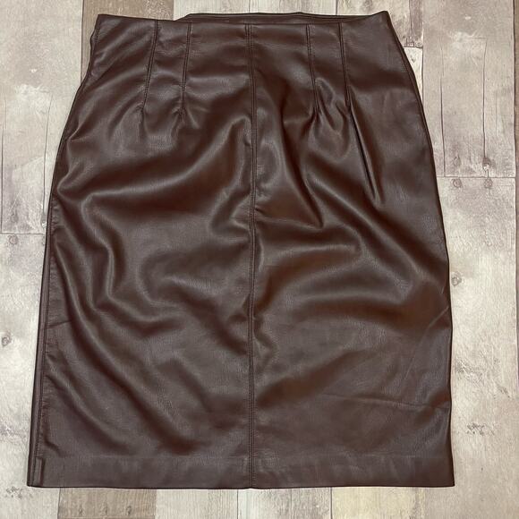 House of Harlow Faux Leather Pencil Skirt Ruched Side Slit XS Chocolate Brown - Picture 5 of 10